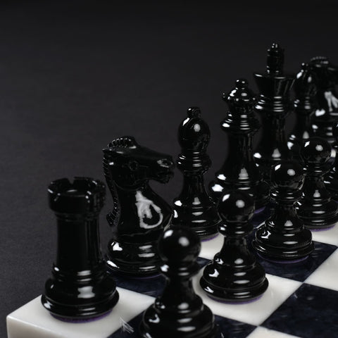 Stone Chess Set Black & White With Italian Alabaster Board