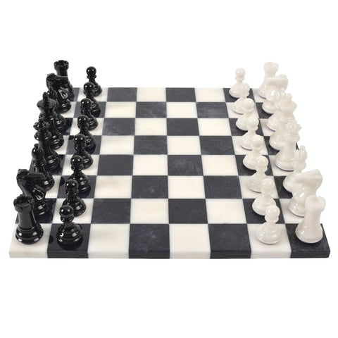 Stone Chess Set Black & White With Italian Alabaster Board