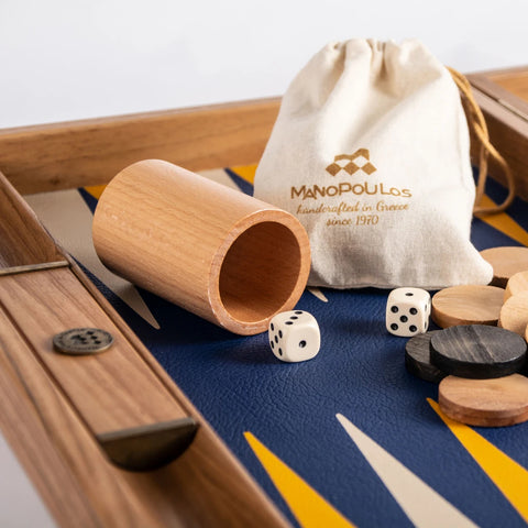 Manopoulos - Ivory wood Backgammon with Blue and Yellow Interior Eco Leather - Default Title - Playoffside.com