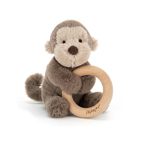 Jellycat - Monkey Teddybear with Wooden Ring for Baby Teething Suitable from Birth - Default Title - Playoffside.com