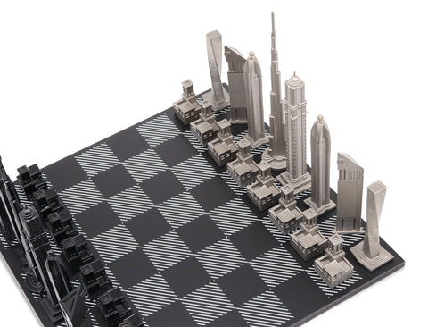 Skyline Chess - Dubai Stainless Steel Chess Set Available in 3 Board Styles - B/W Wooden Board - Playoffside.com