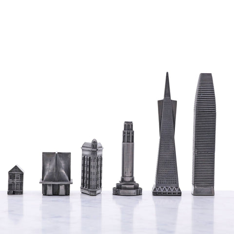 Skyline Chess - San Francisco Metal Chess Set Available in 3 Board Styles - Italian Carrara Marble - Playoffside.com